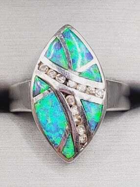Blue Green Opal Inlay - 925 Sterling Silver Marquise Ring